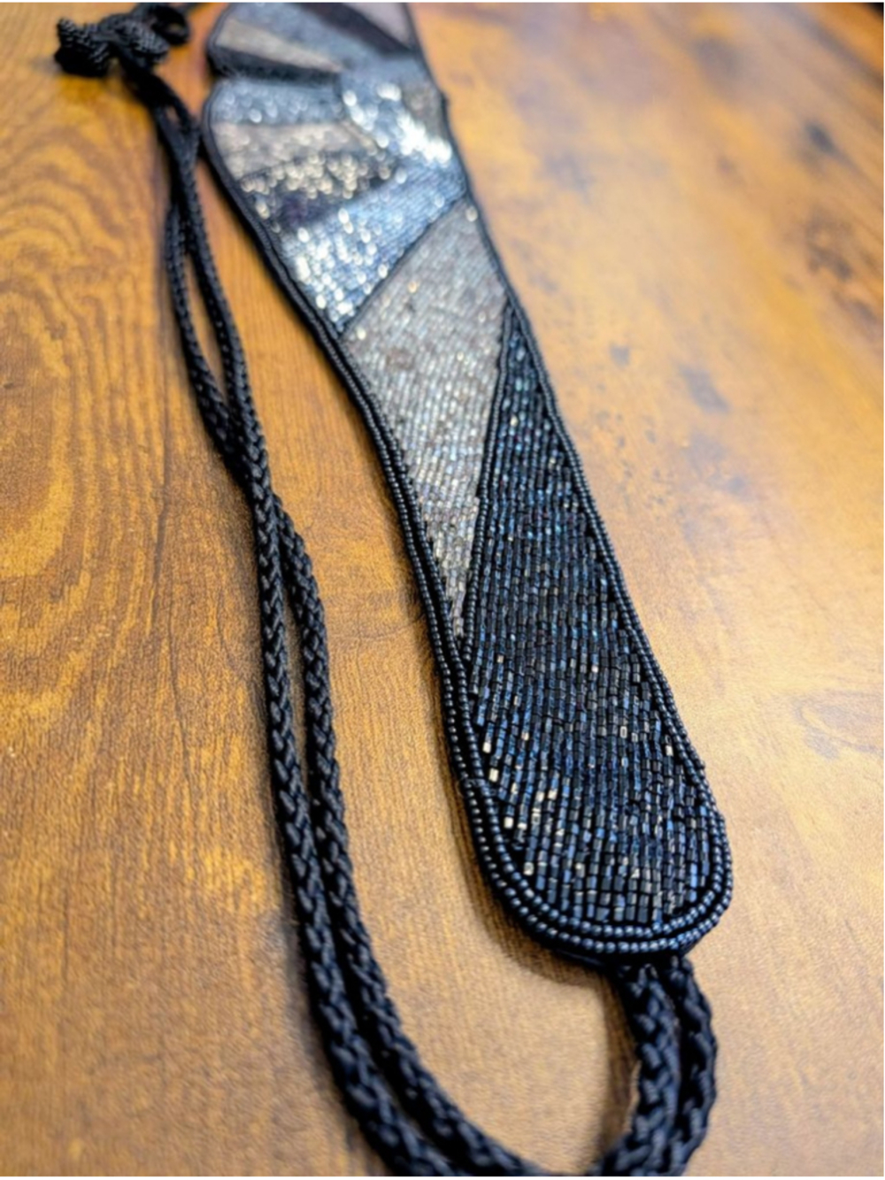 Vintage Black Silver Beaded Tie Belt or Art Deco Style Beaded Waist Sash Belt - Picture 5 of 12
